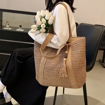 Borsa da donna elegante in paglia intrecciata da donna per le vacanze in spiaggia, pendolari, borse casual con manico superiore, borse a tracolla retrò moda 2024
