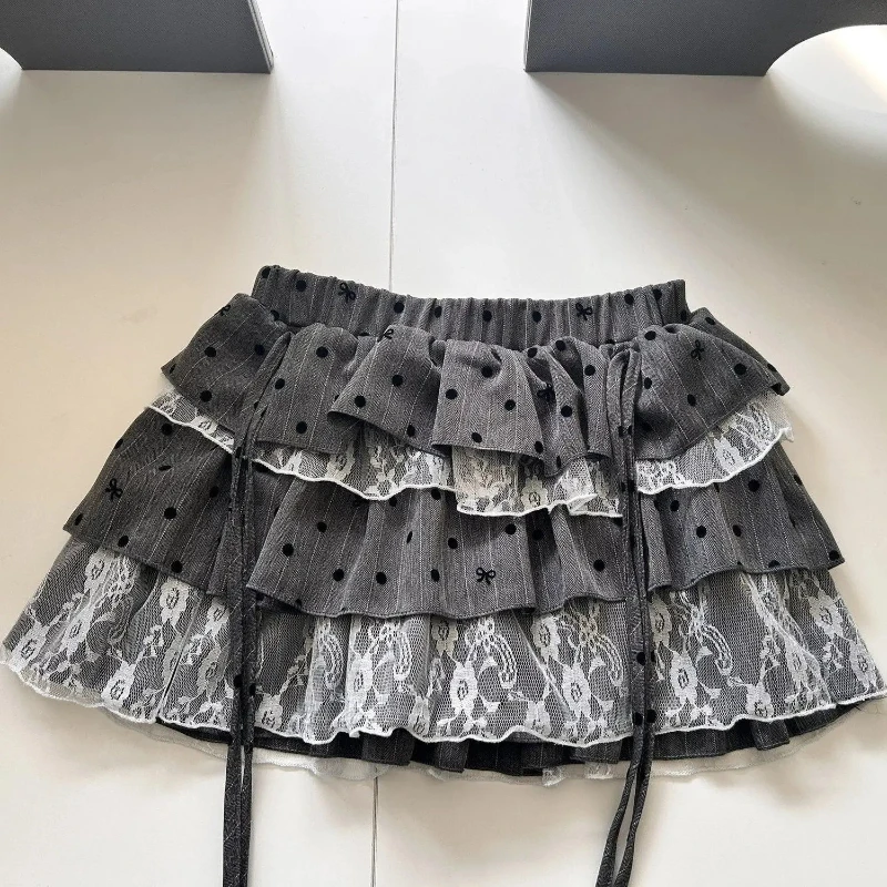 Y2k Harajuku Polka Dot Sweet Skirts Women Vintage Aesthetic High Waist Cake Mini Skirt Lace Patchwork Casual Bandage Kawaii Jupe 1