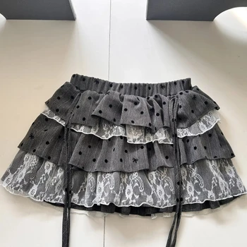 Y2k Harajuku Polka Dot Sweet Skirts Women Vintage Aesthetic High Waist Cake Mini Skirt Lace Patchwork Casual Bandage Kawaii Jupe 1