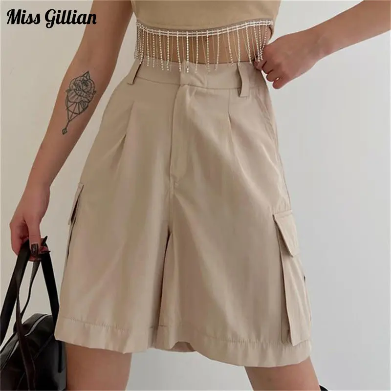 

Women's Summer Suit Shorts Loose Pocket Shorts Straight Streetwear Fashion Women Clothing Solid Color Casual Quarter Pants
