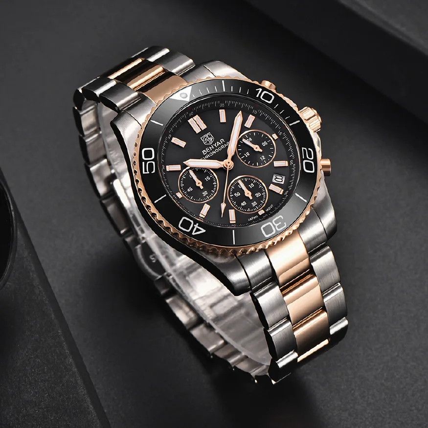 

BENYAR New Men Quartz Wristwatches Luxury Sapphire Glass Stainless Steel Men Clock 10Bar Waterproof Watch for Men Reloj Hombre