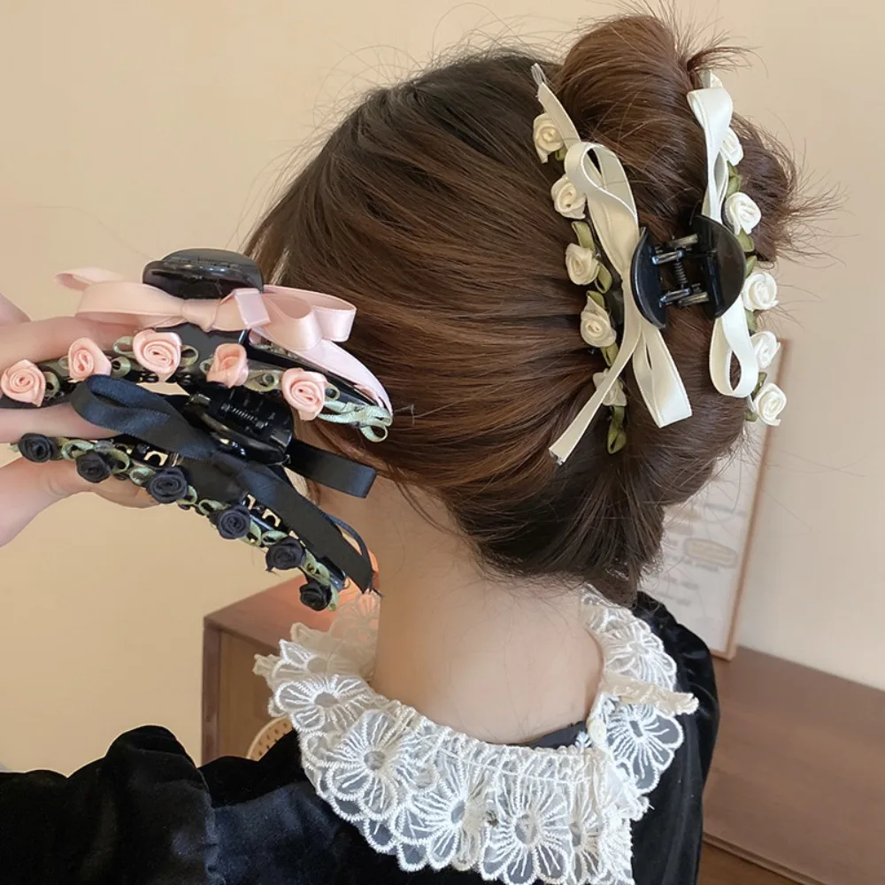 

Exquisite Large Bow Rose Flowers Grasp Clip Large Elegant Crab Ponytail Braid Claw Clip Trendy Sweet Girl Hair Clip