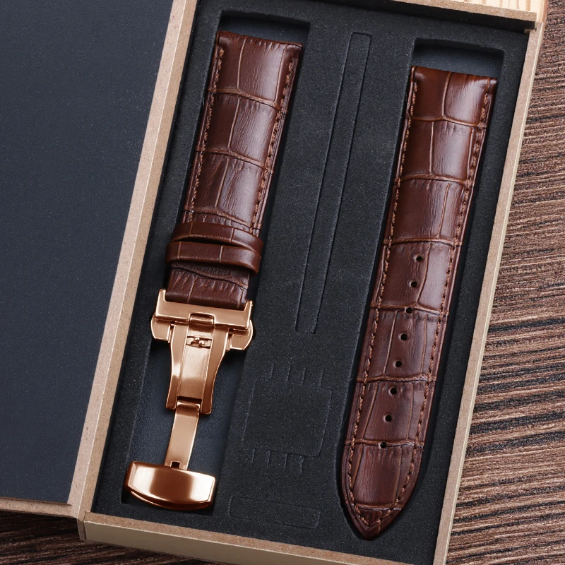 Luxury Genuine Cowhide Leather Watch Strap with Butterfly Clasp and Gift Box