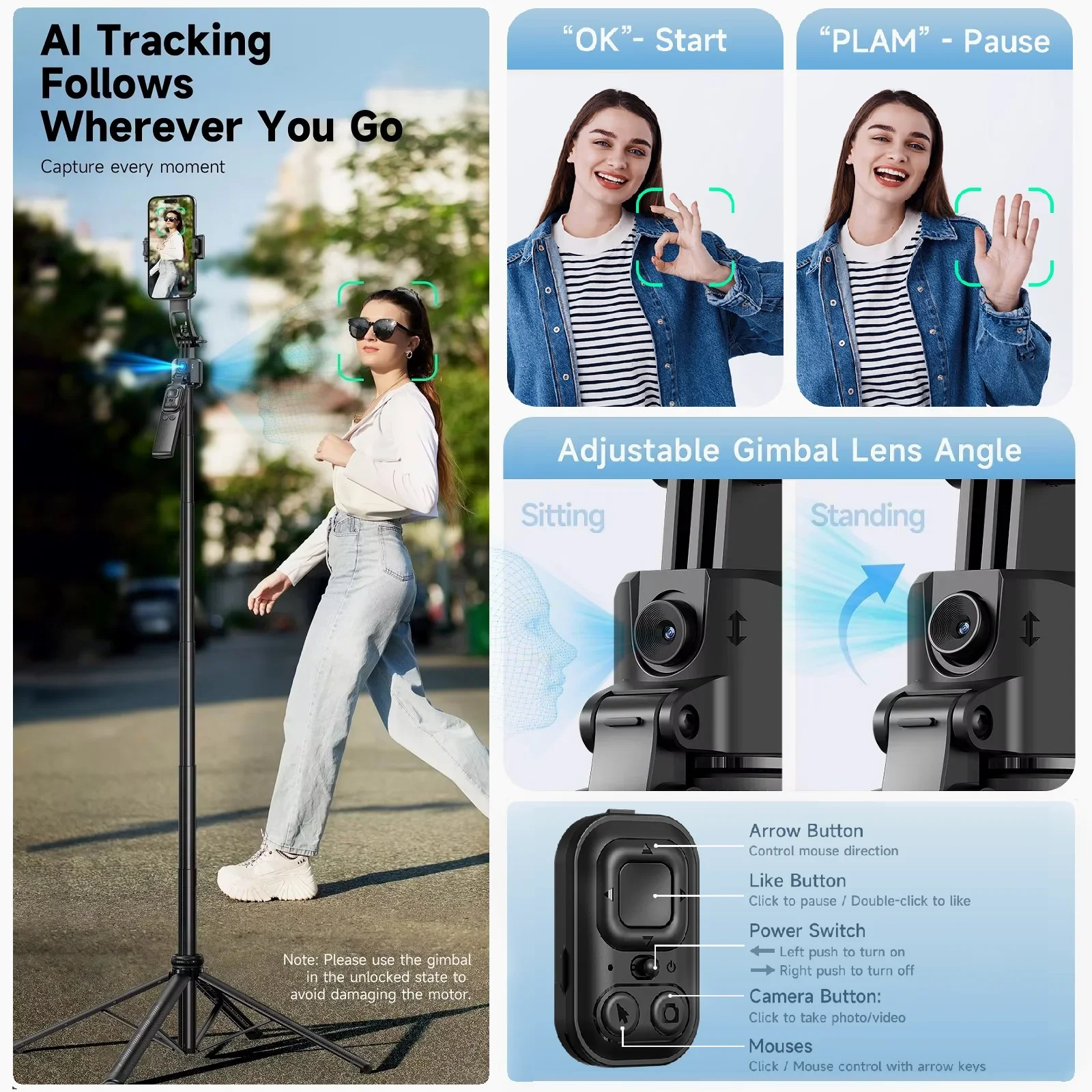 Smartphone monté sur le gimbal stabilisateur C17-BK-LED, en mode portrait