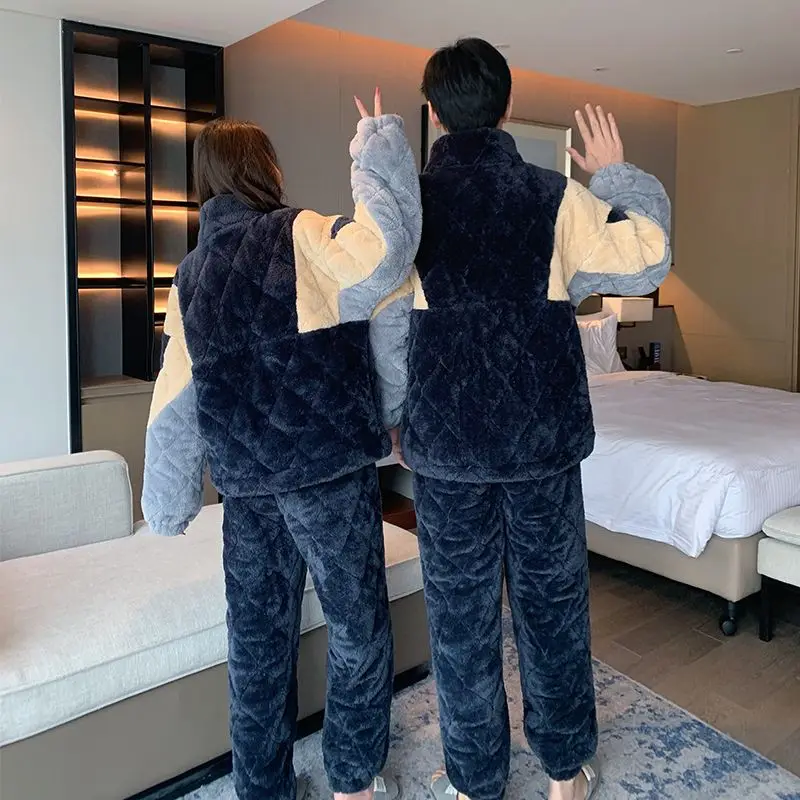 2023 New Winter couples matching pajamas Coral Fleece Thickened Warm Two-Piece Suit Loose Casual  stand collar Nightclothes