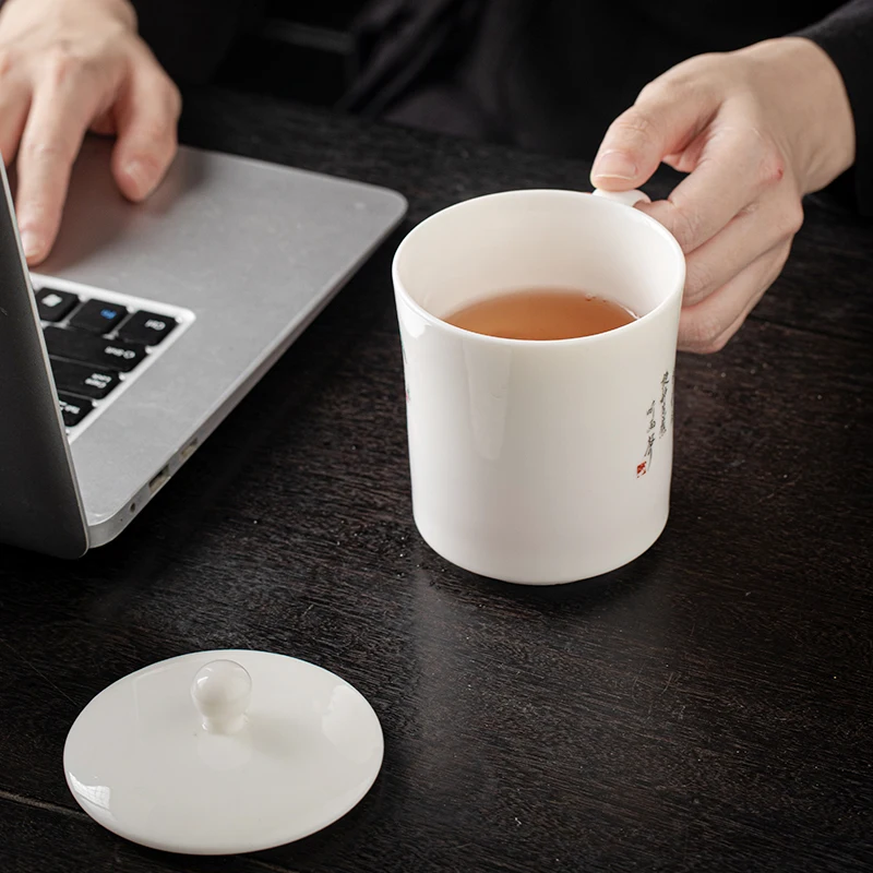 Chinese Style Pattern Ceramic White Porcelain Personal Tea Mugs, Personal Creative With Cover, Milk Water Coffee Cup, 420ml, 1Pc