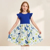 Robe d'été pour filles de 7 à 14 ans, col rond, manches côtelées à volants, imprimé floral papillon, pour l'école quotidienne, décontractée, pour enfants, adorable 1