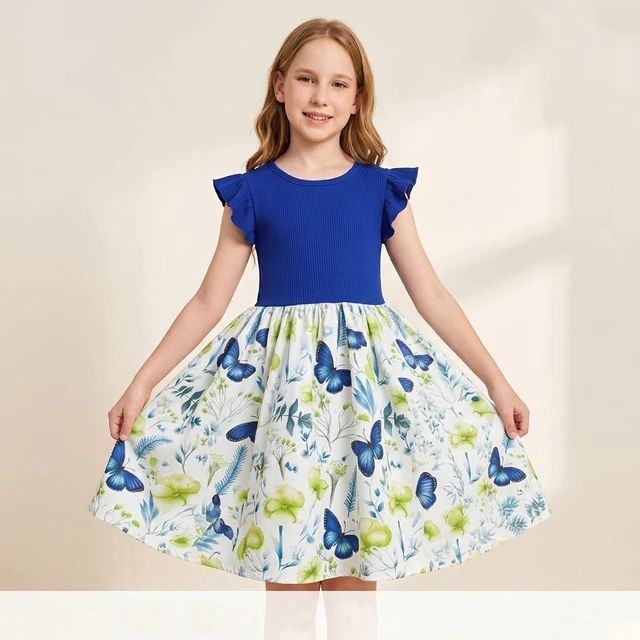 Robe d'été pour filles de 7 à 14 ans, col rond, manches côtelées à volants, imprimé floral papillon, pour l'école quotidienne, décontractée, pour enfants, adorable 1