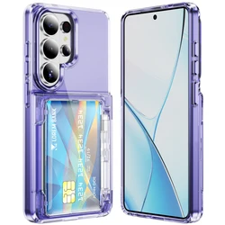 HD Transparent Hard PC Wallet Card Slot Armor Phone Case with Foldable Holder and Back Cover - Galaxy S23 Ultra (PURPLE)