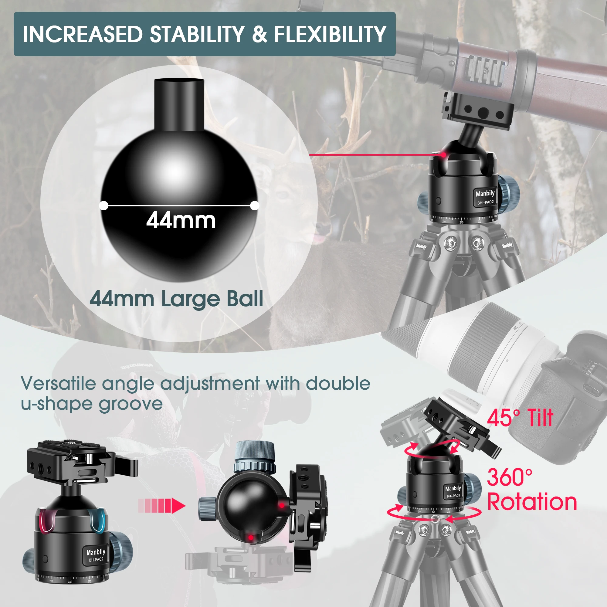 Tripod Ball Head Manbily BH PA02 Tripod ballhead Arca Swiss Shooting Rifle Saddle Mount Tripod Clamp For hunting Max Load 44.09lb/20kg