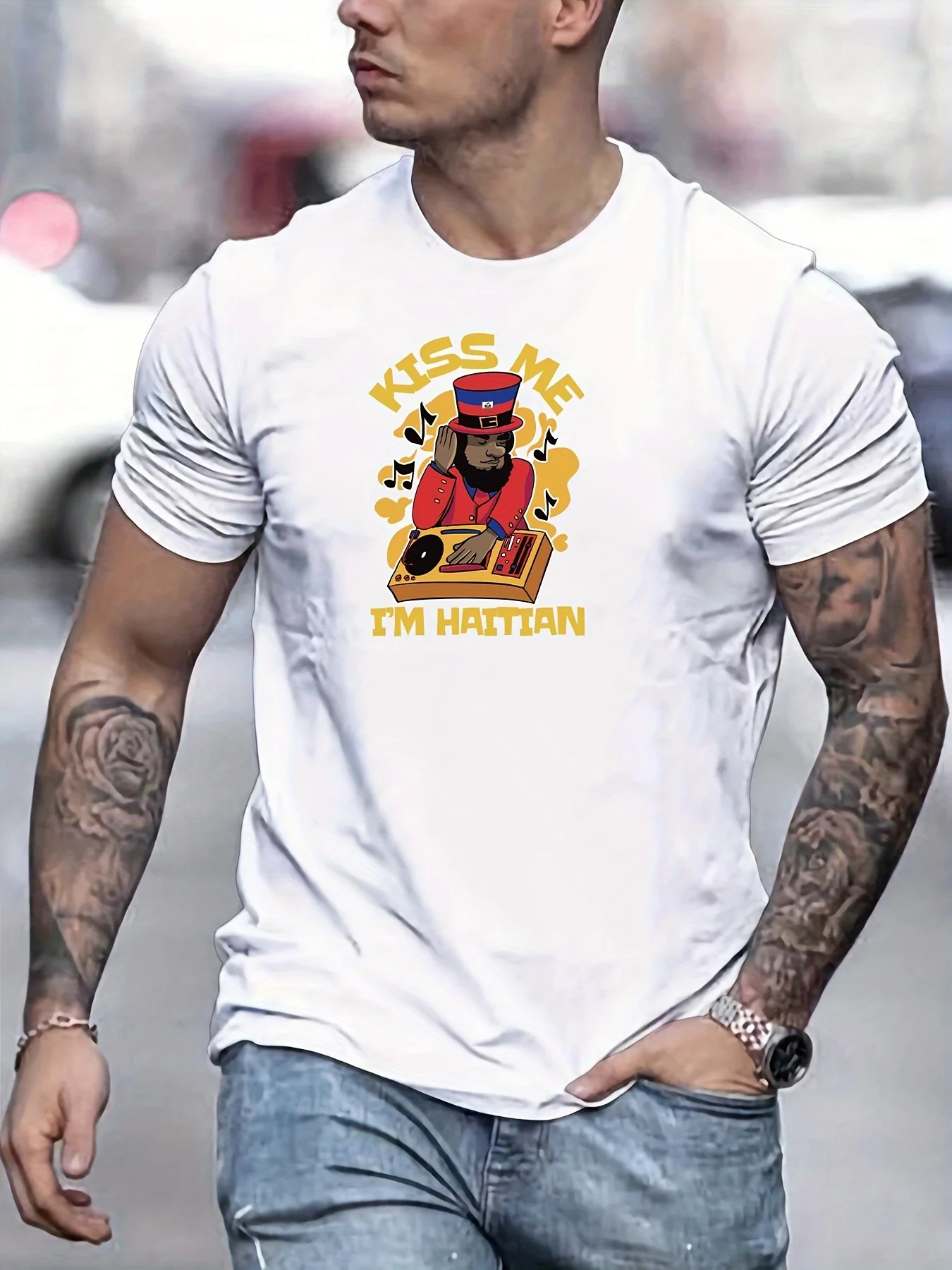 I'M HAITIAN Print T-Shirt, T-Shirts für Männer, lässiges Kurzarm-T-Shirt für den Sommer