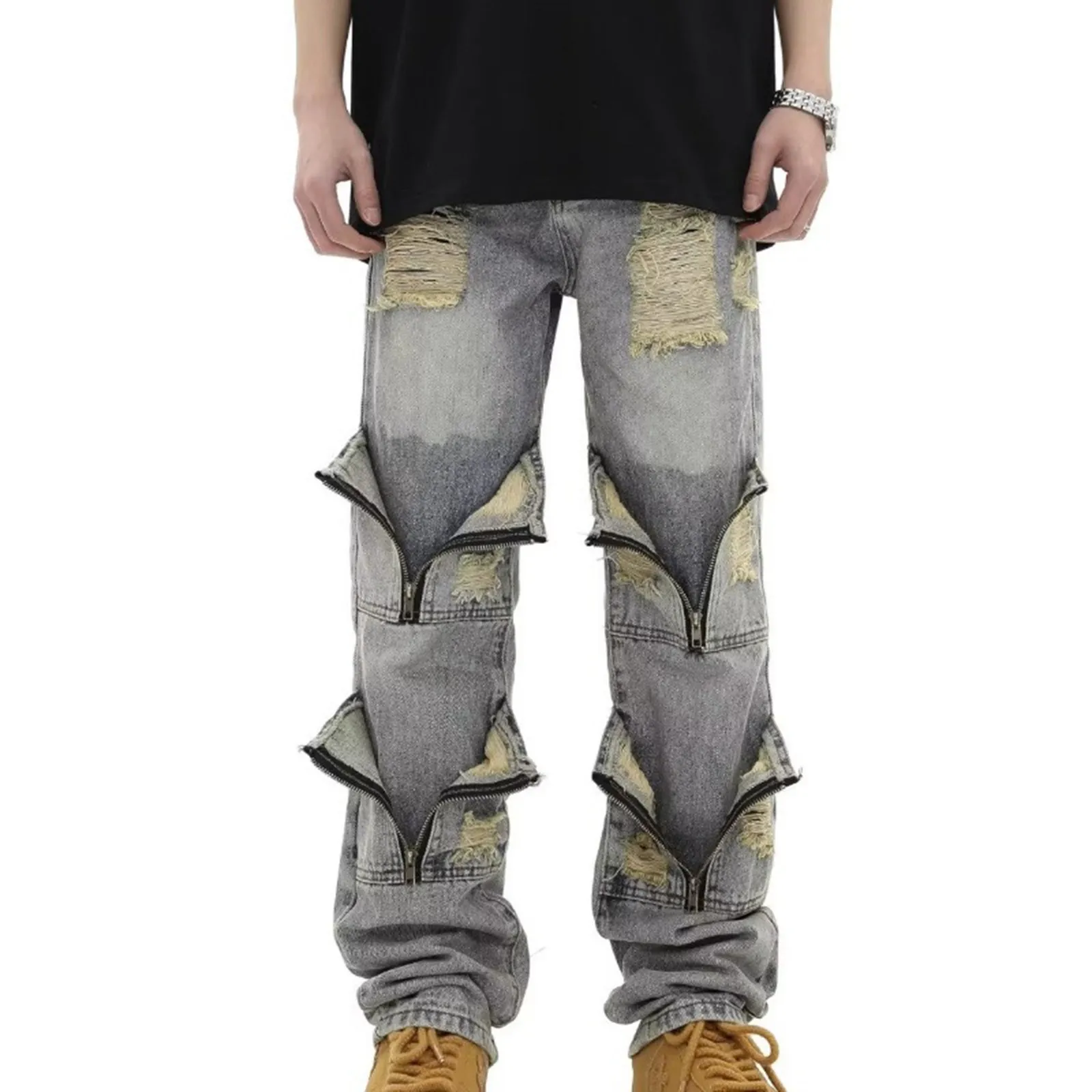 Vintage Ripped Loose Personality Denim Pants Men's High Street Fashion Straight Leg Jean Denim Pants Men Stretch Trousers