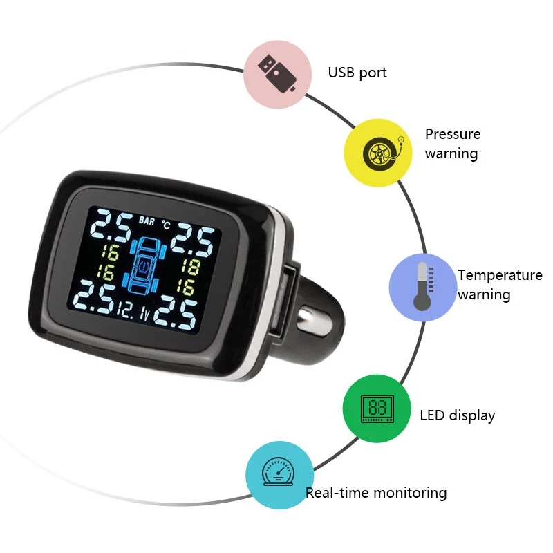 

TPMS Cigarette lighter LED display External internal sensors USB port automobile tire pressure high sensitivity alarm system