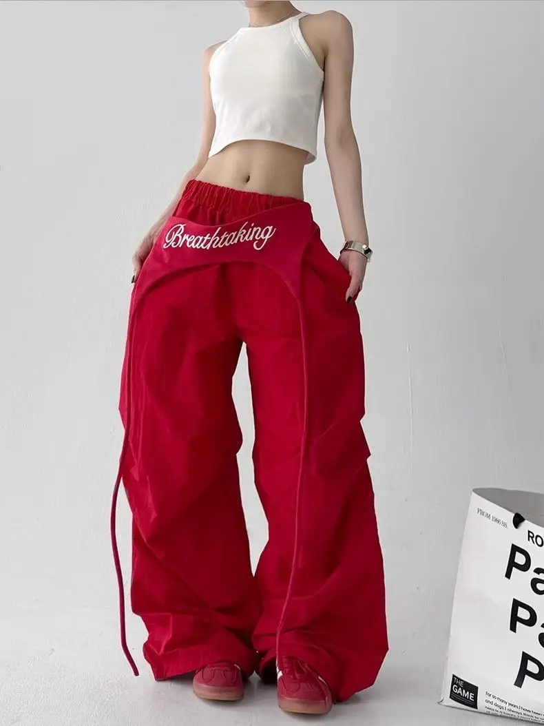 Y2K Red Patchwork Parachute Chic Pants Women Autumn Loose Streetwear Wide Leg Pants Female Hip Hop All Match Straight Trousers
