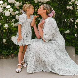 Mother Daughter Matching Dress Party Dress 2024 Girl Woman White Blue Floral Dresses for Kids Mommy Me Dress Long Summer Clothes