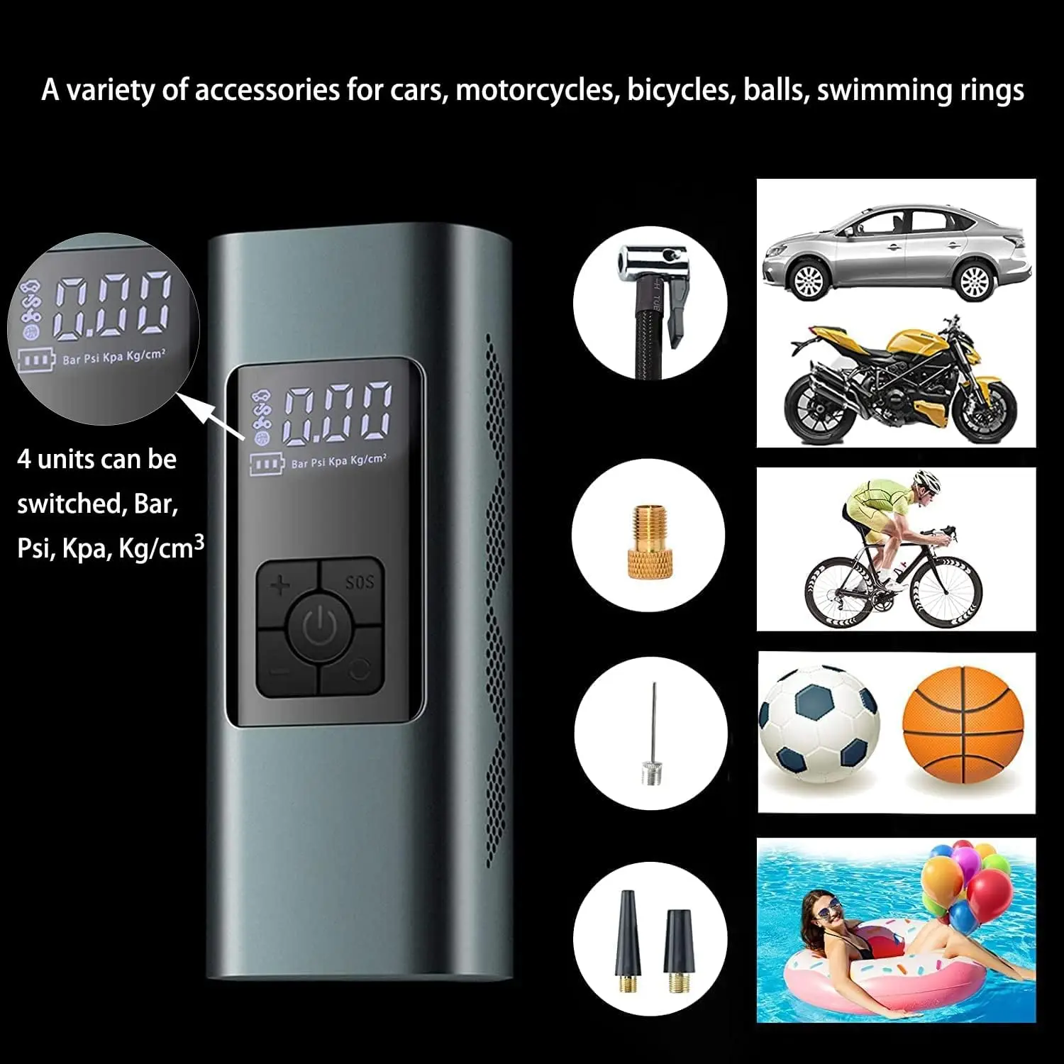 휴대용 타이어 팽창기, 무선 6000mAh 배낭 디지털 공기 펌프, 2 차 타이어/시간, 140PSI DC 12V