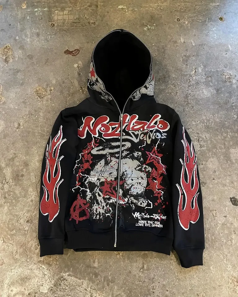 Générique Veste Y2k Full Zip Hoodie Streetwear Femme Vintage Halloween Gothique Harajuku Sweat à Capuche Zippé Imprimé E-Girl Y2K Hoodie À Manches Longues Hip Hop Top Streetwear Veste Avec Poches