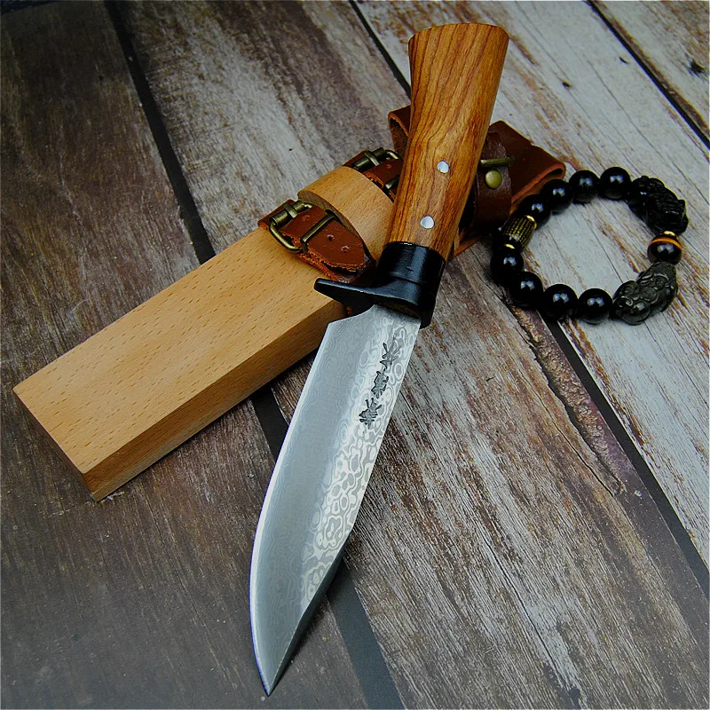 

MR.GH Japan hand forged hunting straight knife 59-60hrc Damascus grain outdoor camping sharp tactical knife + raw wood scabbard