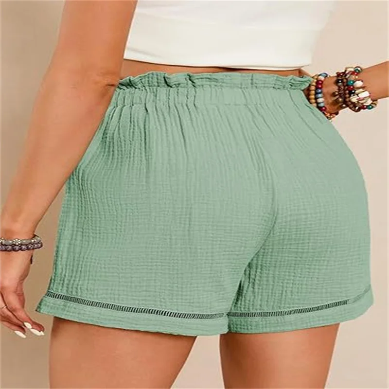 Summer Women's High Waist Shorts Solid Loose Casual Elastic Waist Wide Leg Shorts with Pockets Ladies Comfortable Beach Shorts