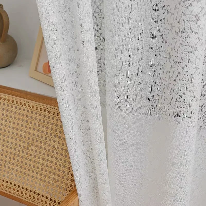 

Customized Size American Leaf Lace Curtains Pure White Embroidered Light-impermeable Living Room Balcony 1pc
