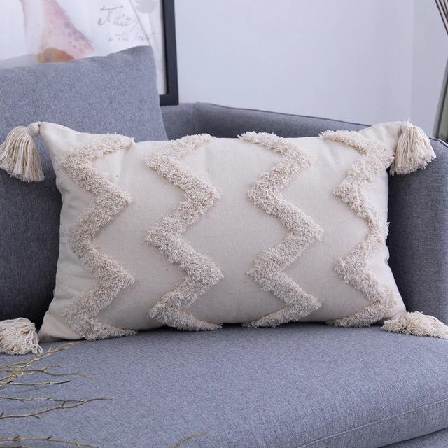 Simple Tufted Cushion Cover Geometric Rhombus Wave Big Tassel Pillowcase Hand-tufted and Crocheted Decorative Sofa Pillow Cover E-30x50cm pillowcase