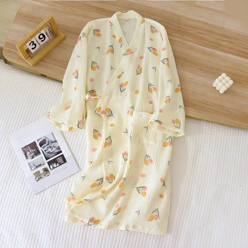 Japanese Style Kimono Spring Summer New 100% Cotton Crepe Ladies Thin Nightgown Women Bathrobe Robe Home Service Pajamas