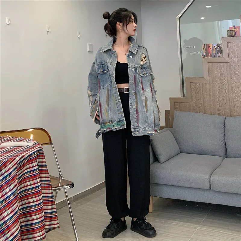 

New 2023 Large Size Korean Version Loose Bf Port Style Retro Graffiti Top Denim Jacket Free Shipping
