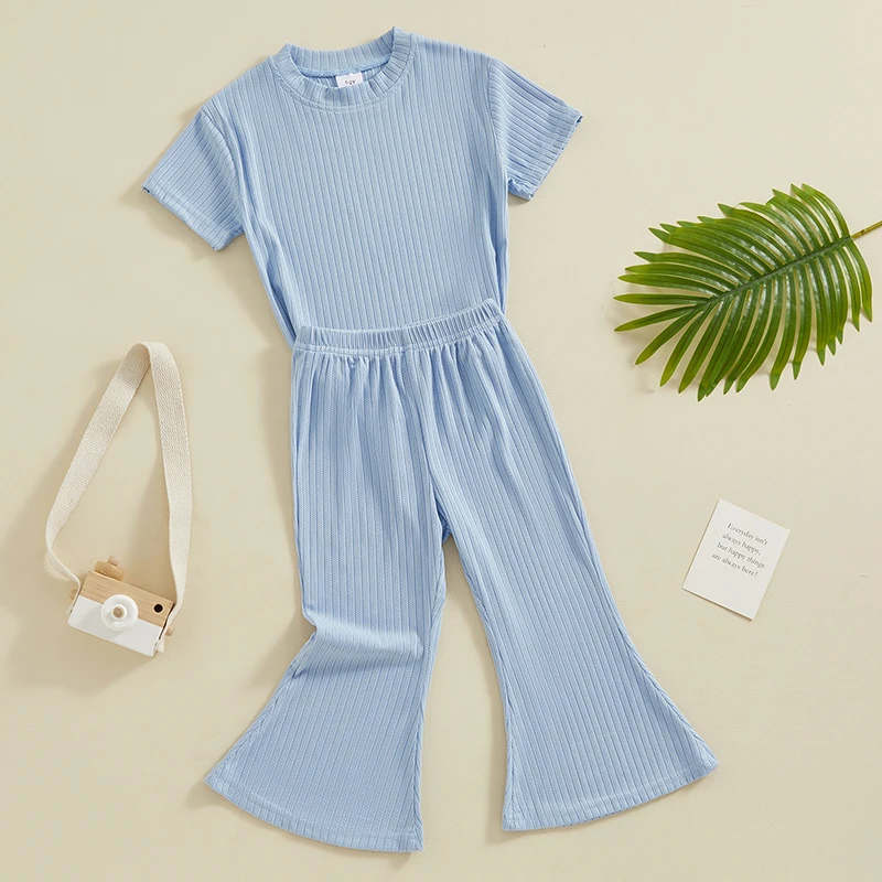 FOCUSNORM 0-5Y Toddler Kids Girls Summer Clothes Sets Short Sleeve Solid Ribbed Tops Flared Pants Sets