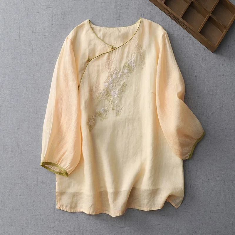 Cotton Linen Chinese Style Women's Shirt Summer Embroidery Vintage Blouses Loose Women Tops V-neck Clothing 2024 Korean