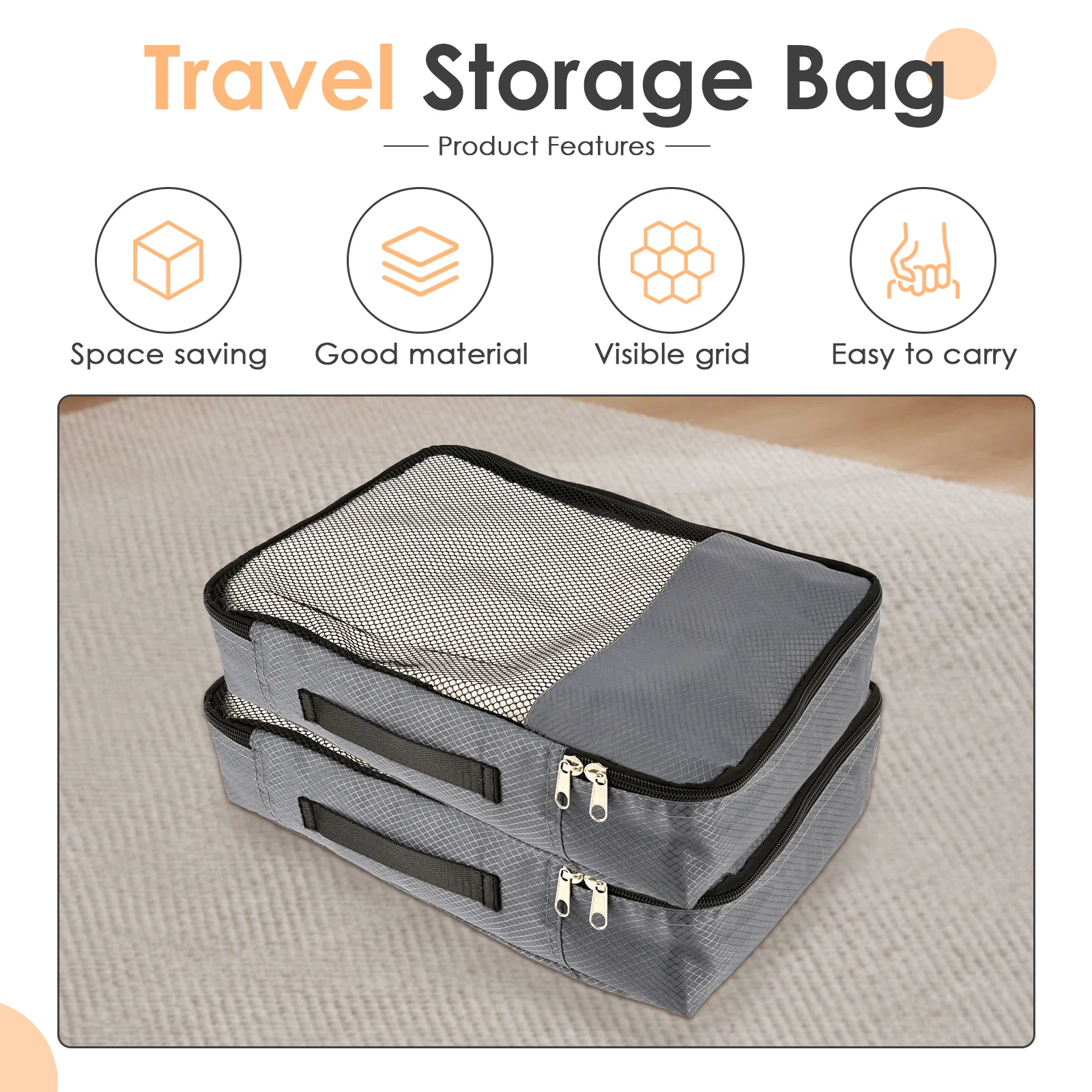 4 Pcs Packing Cube Mesh Top Travel Storage Bag Portable Travel Compressed Packing Cubes Storage Bag with Zipper for Suitcase