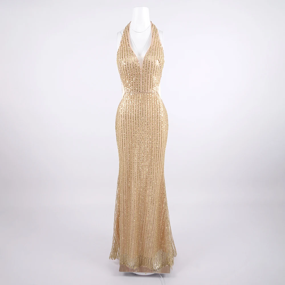 green emerald velvet dress Gold Sequin V-Neck Floor Length Mother of The Bride or Groom Dress main image 1
