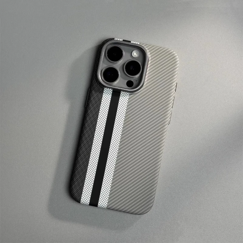Abstract Carbon Fibre MagSafe Case with Alloy Lens Bumper and Wireless Charging Capability