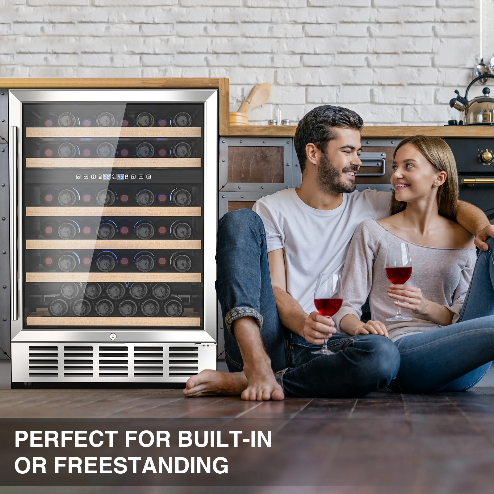 24 inch Wine Cooler, 51 Bottle-Dual Zone Built-in or Freestanding Fridge with Stainless Steel Reversible Glass Door, for Home