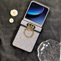 Glitter Diamond - Plated Ring Buckle Phone Case - Shiny 3 - Piece Hard Protective Cover for Moto Razr 50 (White)