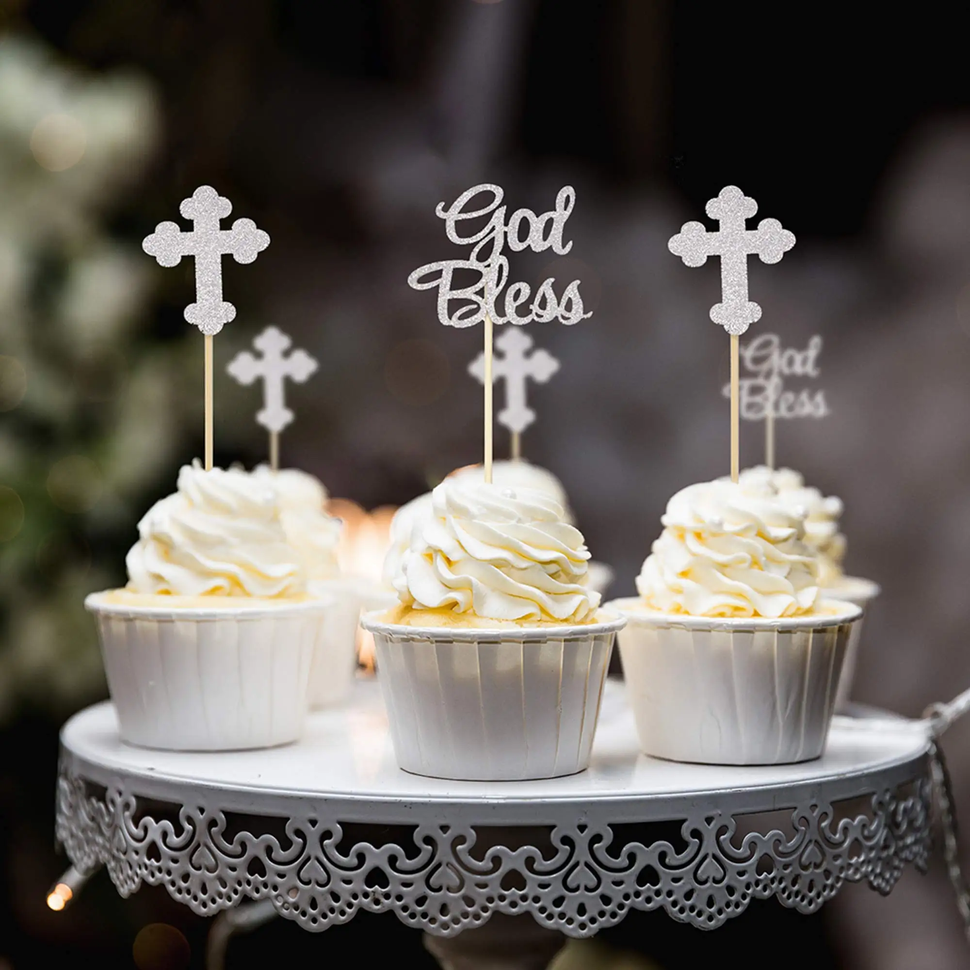 God Bless Cross Cupcake Toppers Baptism Party Decorations Glitter Bless Cake Topper Dessert Dress Up Baby Birthday 12pcs party decorations,birthday party supplies,cake topper,cake decorations,cake toppers,cupcake supplies