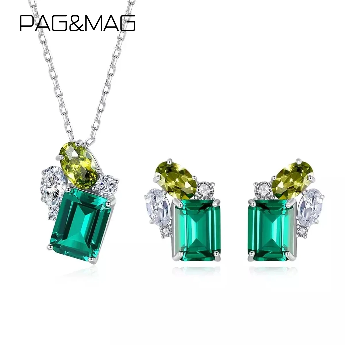 

PAG&MAG Luxury Emerald Square Necklace Earrings Set For Women Sterling Silver 925 Jewelry Set Green Gemstone Fine Jewelry