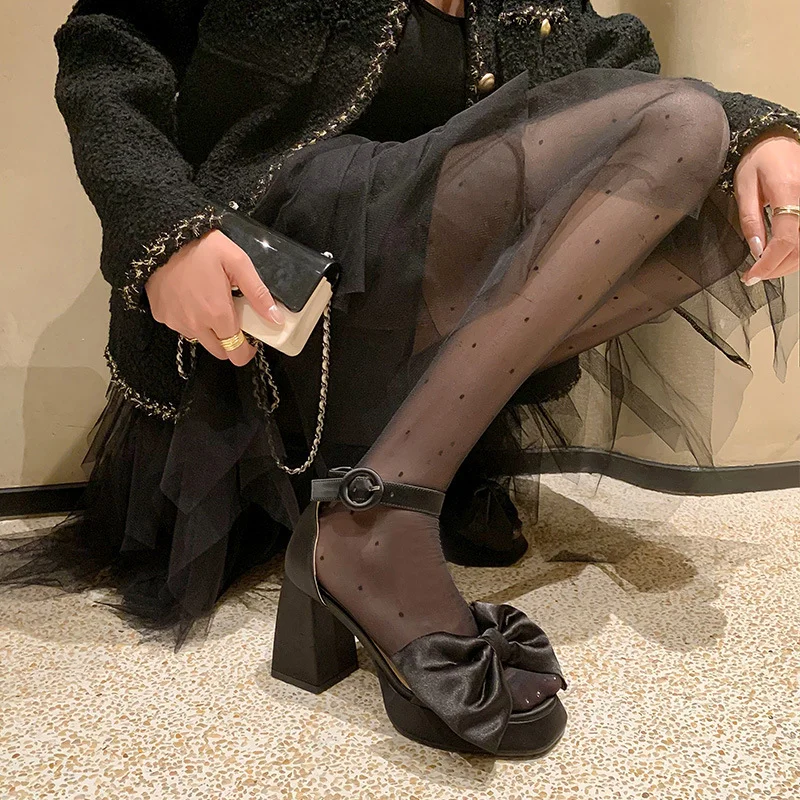 2023 Luxury Platform High Heel Sandals for Women Silk Stain Bowknot Banquet Party Shoes Woman Ankle Buckle Thick Heels Sandalias