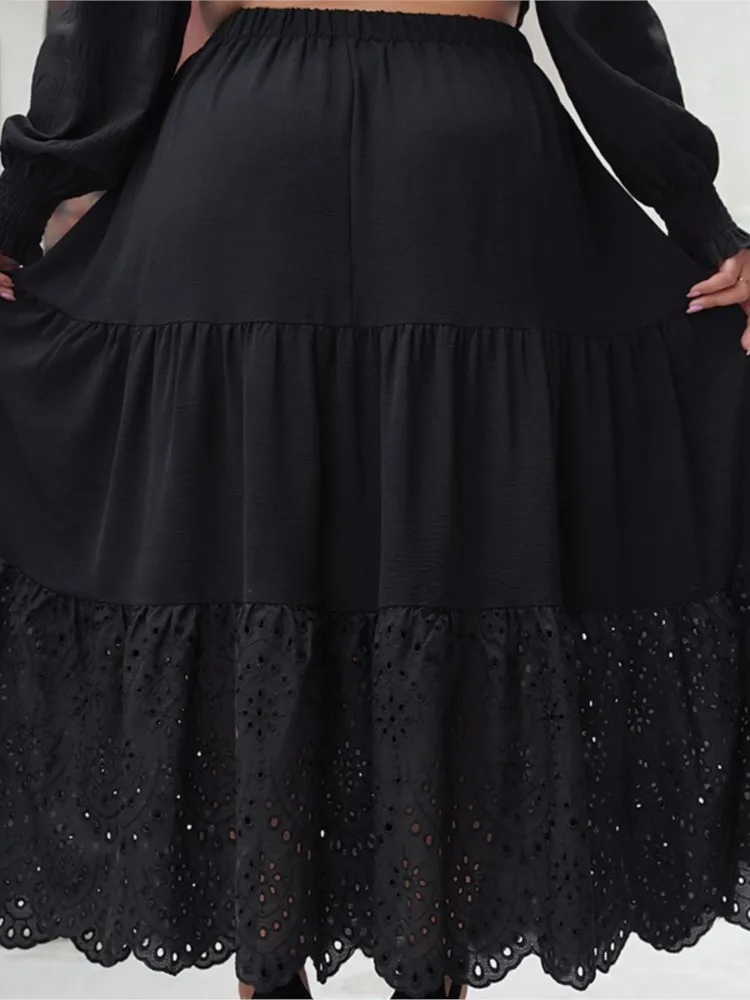 Plus Size Spring Long Skirts Women Hollow Out Loose Ruffle Pleated Ladies Skirts Elastic High Waist Fashion New Woman Skirts