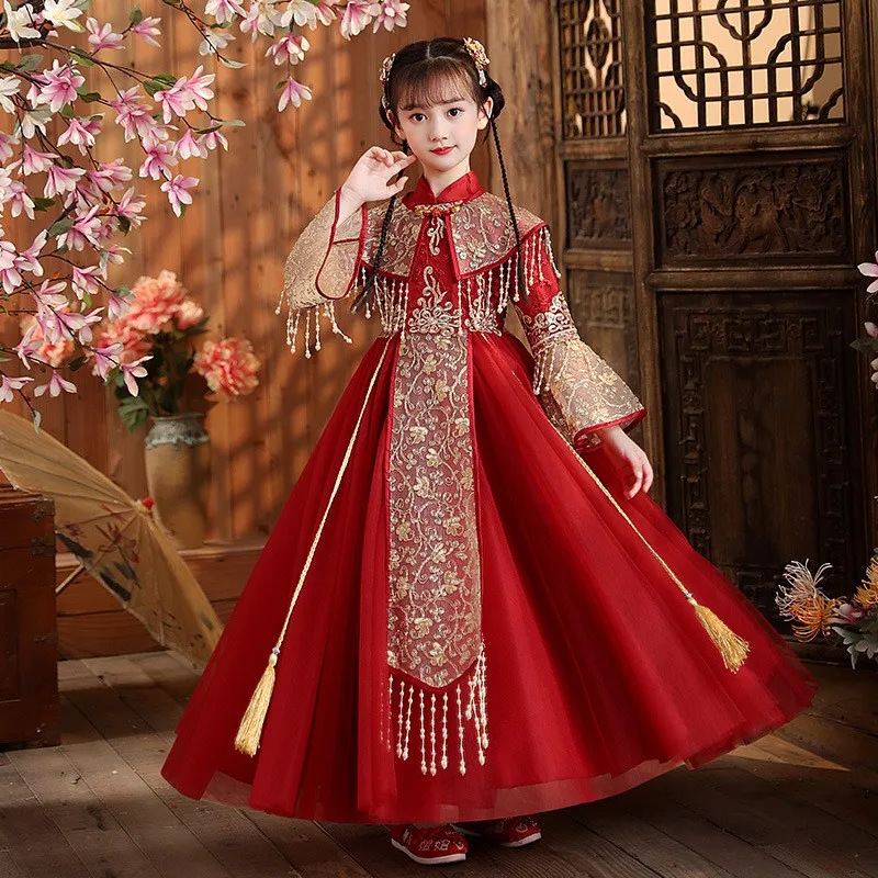 

Retro Robe Warm Red Chinese New Year Clothes Girl Hanfu Children Tang Suit Thick Ancient Costume Embroidery Vestidos Orientale