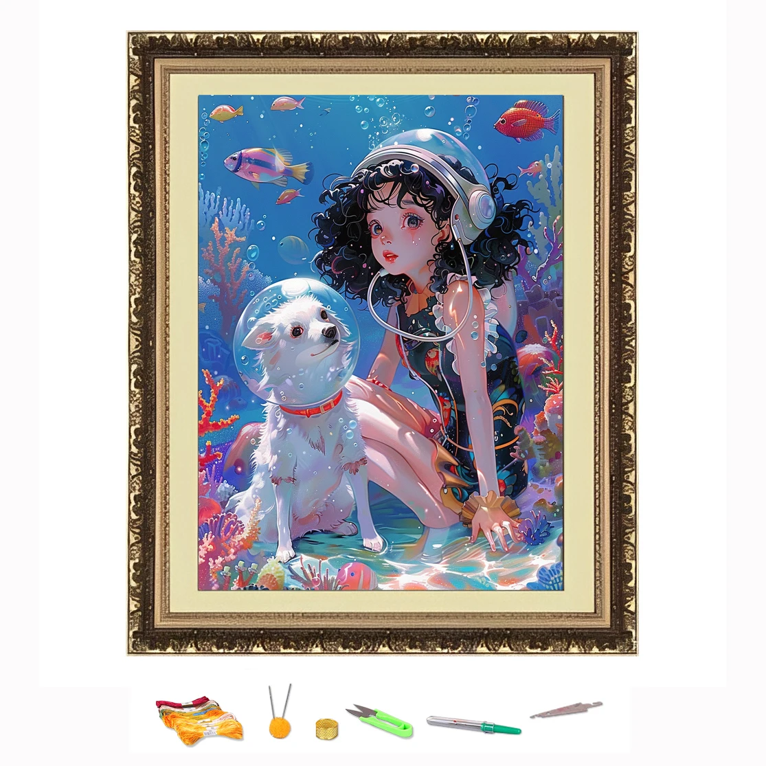크로스 스티치 자수 키트, 소녀 개 동물 조경 실 그리기, DIY 바느질 키트, 캔버스에 인쇄 장식, 11CT