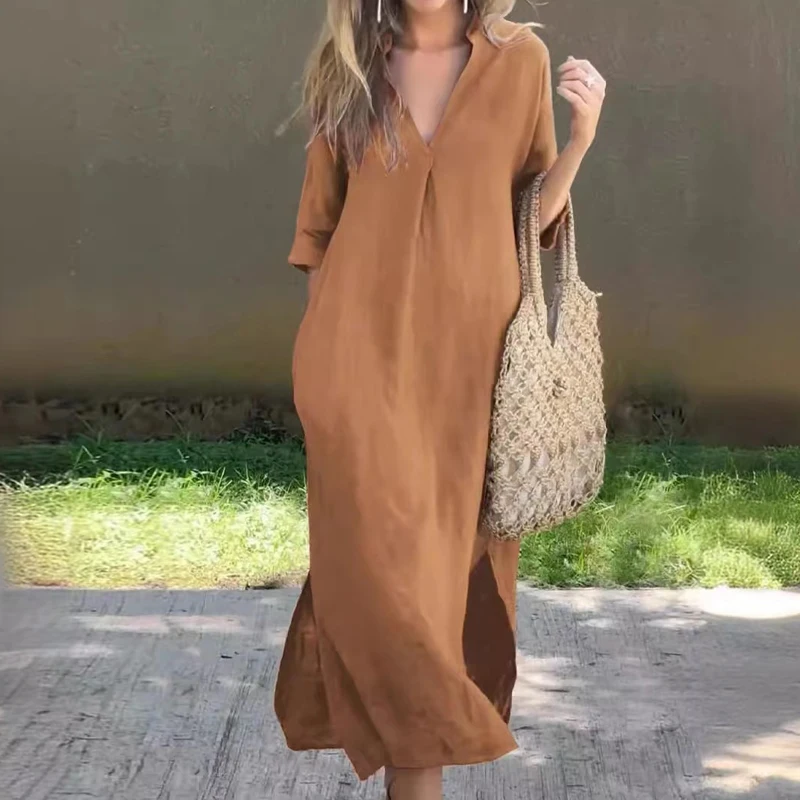 

Fashion Simple V Neck 3/4 Sleeve Cotton Linen Dress Female Solid Color Pullover Long Dress Summer Casual Basic Split Loose Dress
