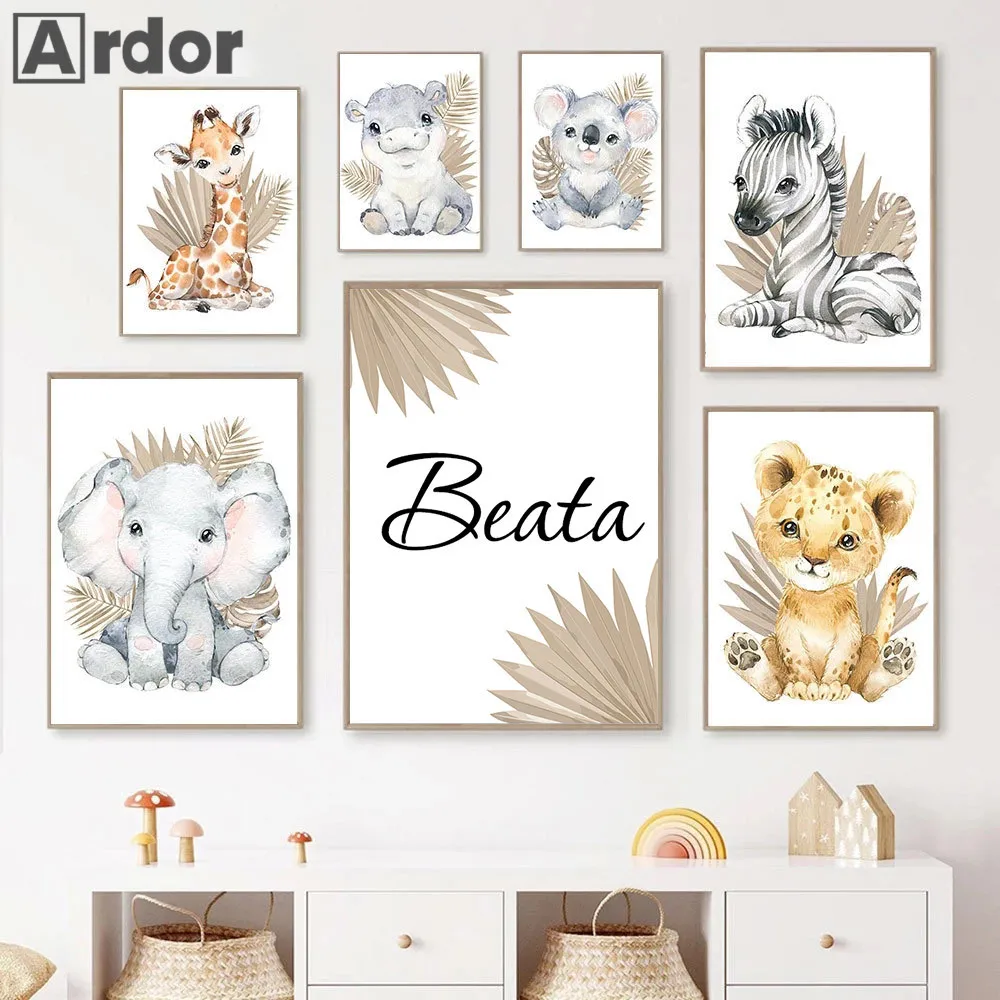 

Elephant Zebra Art Prints Nursery Posters Custom Name Wall Art Canvas Painting Leaf Print Nordic Poster Pictures Kids Room Decor