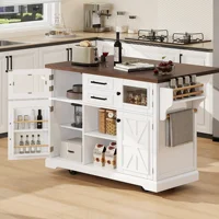 Rolling Kitchen Island On 4 Wheels With Drop Leaf, Power Outlet, Cross Barn Doors & Visual Glass Door For Kitchen, Dining Room 3