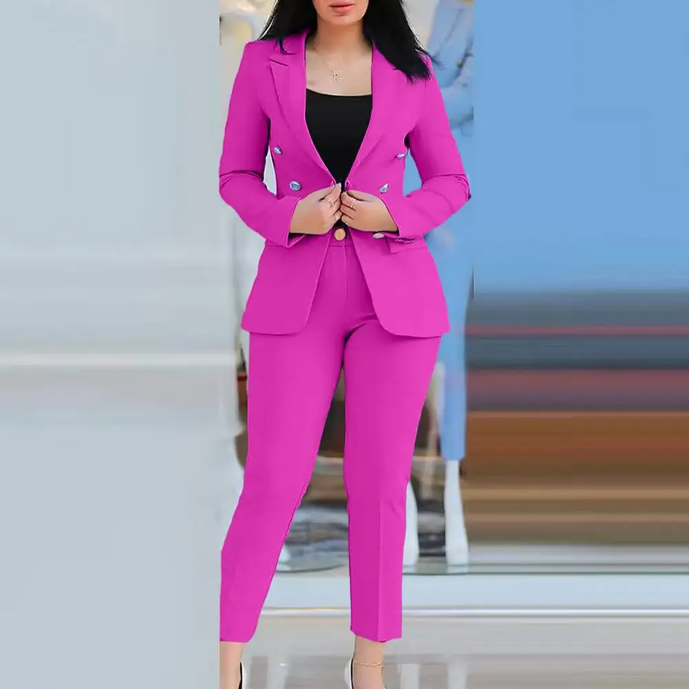 

Solid Color Trouser Suit Elegant Double-breasted Women's Suit Set with Long Sleeve Jacket Slim Fit Pants for Formal Business