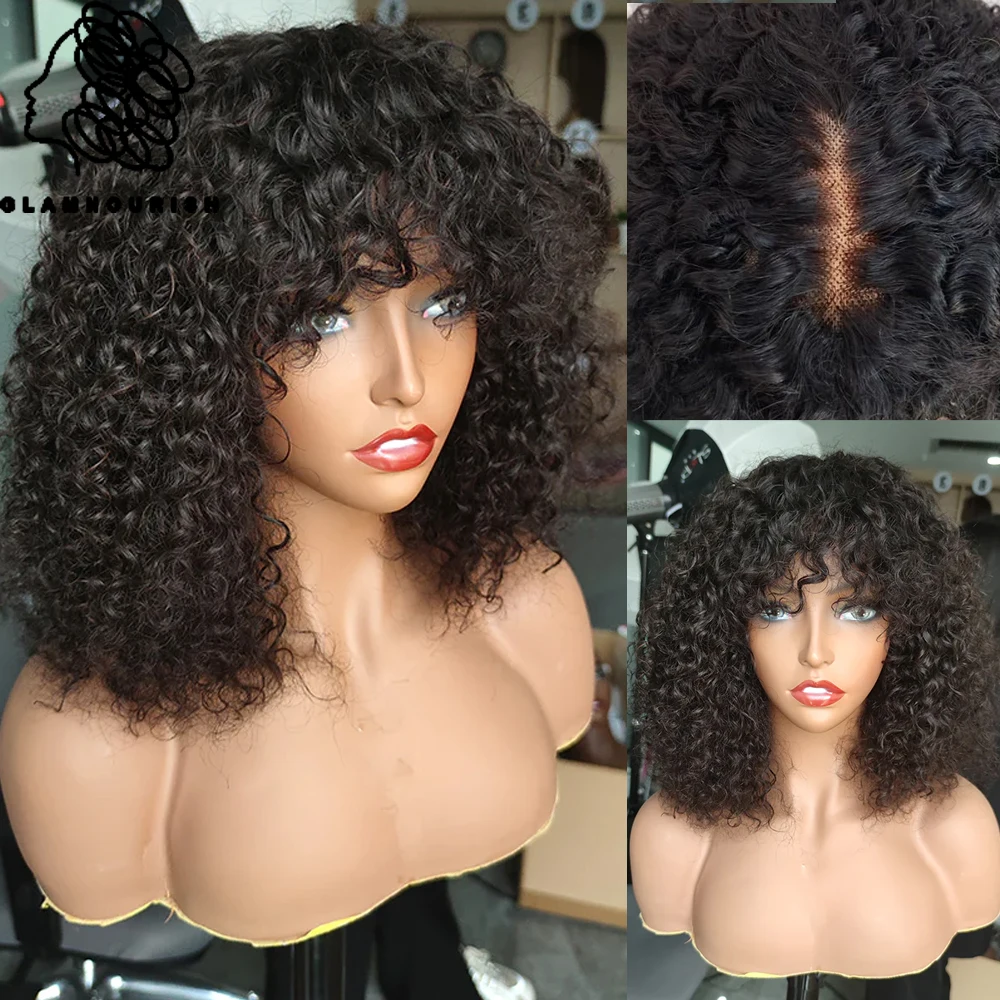 

3X1.5 Kinky Curly Short Bob with bangs Lace Wig Human Hair Realistic Look Fake Lace Scalp Glueless Wigs Brazilian Human Hair