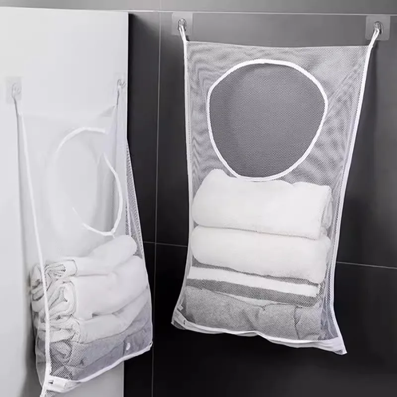 Dirty Clothes Storage Bag Basket Frame Bucket Foldable Mesh Laundry Bathroom Wall Hanging Household Clothing Organizer with Hook 4