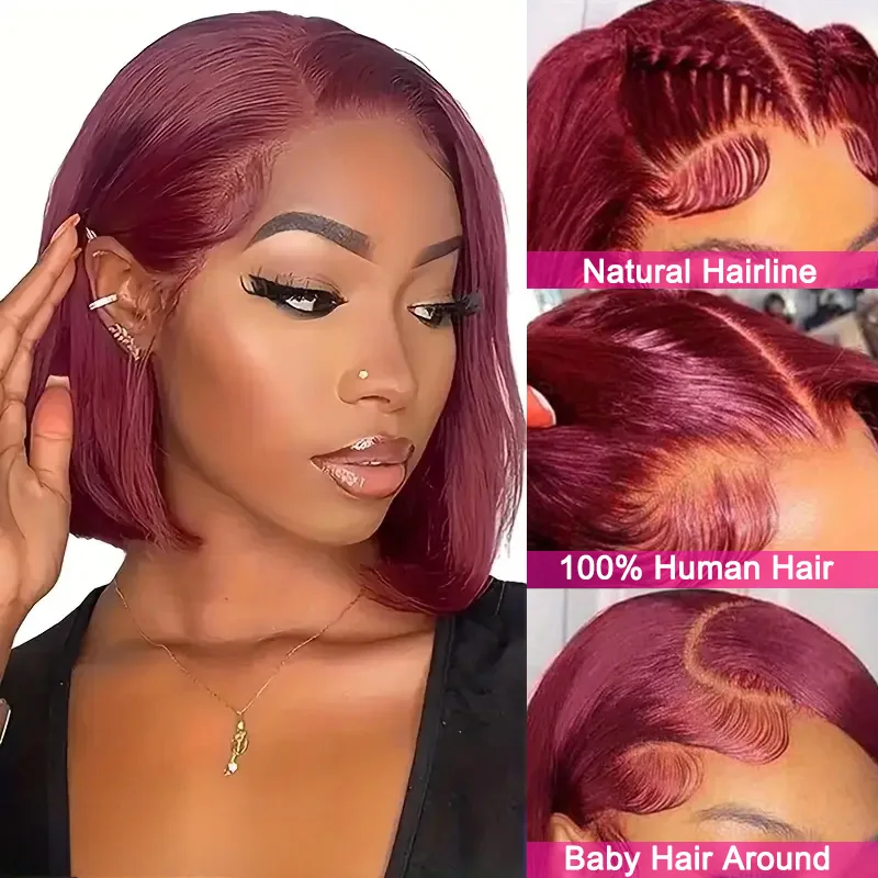 13 × 4 99J バーガンディボブストレートショートウィッグ 200% 密度