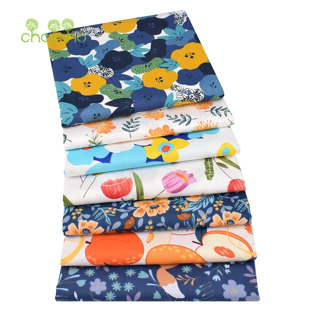 Chainho,Printed Twill Weave Cotton Fabric,DIY Sewing Quilting Material,Patchwork Cloth,7 Designs Flower Series,2 Sizes,15C368