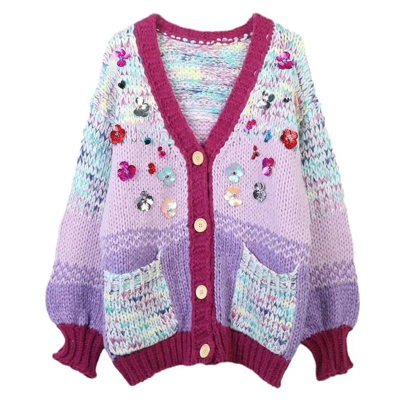 

2024 Autumn/winter New V-Neck Loose Long Sleeve Sequin Flower Loose Sweater Sweet Gradient Knitted Blue Cardigan Tops Coats