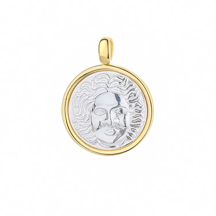 

N6 ZFSILVER 925 Silver Fashion Luxury Sun Portrait Retro Gold Ancient Coin Necklaces Pendant Without Chain Women Wedding Jewelry